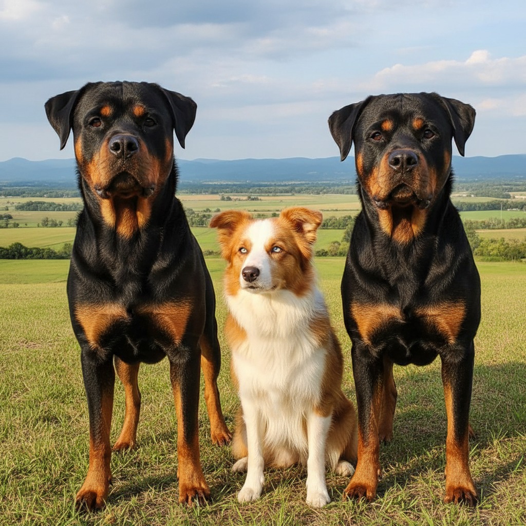Two rottweilers and a ginger and white collie with blue eyes